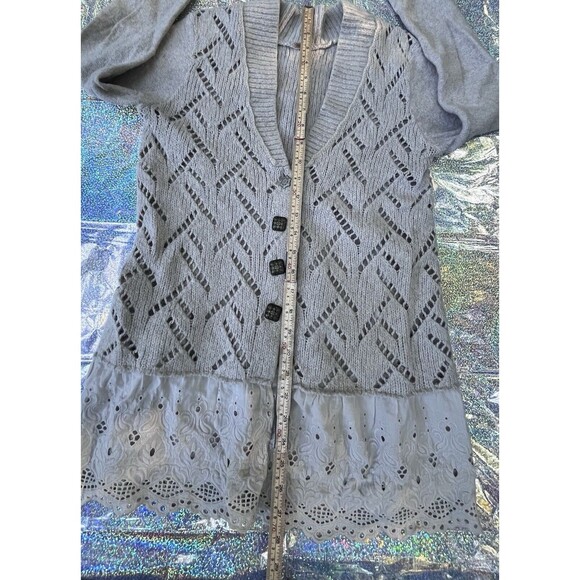FREE PEOPLE Wool Eyelet Lace Ruffle Button Cardigan Womens S? Beige Boho Cottage - Picture 7 of 8